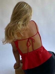 Top tipo tirantes para mujer sin espalda con lazo en color marrón chocolate satinado - Rojo - Ver 1