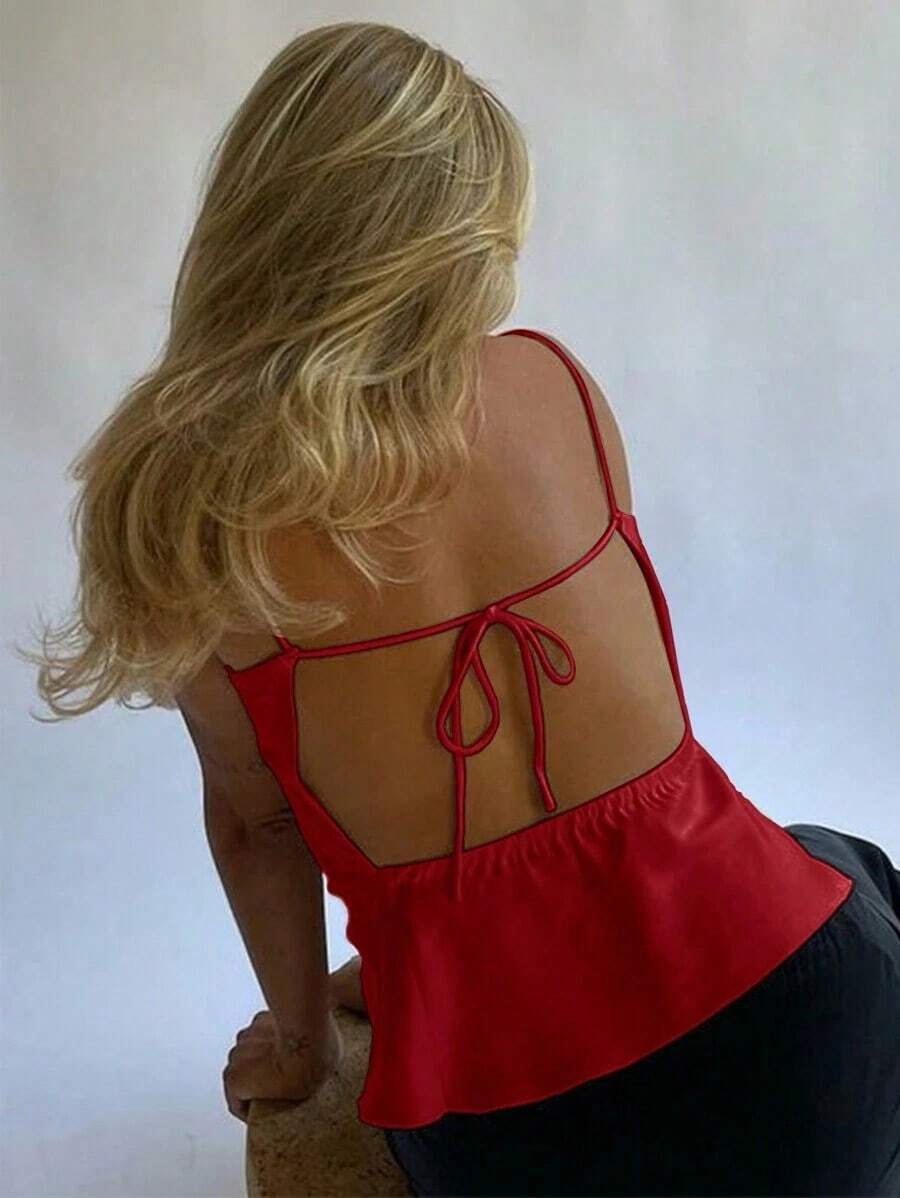 Top tipo tirantes para mujer sin espalda con lazo en color marrón chocolate satinado - Rojo - Ver 1