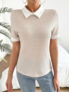 Camiseta casual de mujer con parches, de manga corta, versátil para ir al trabajo y salidas - Albaricoque - Ver 5
