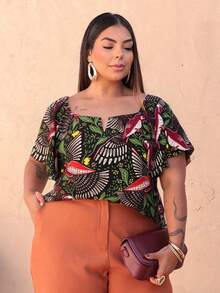 Women's Plus Size  Blouse - Tropical Print Black - View 1