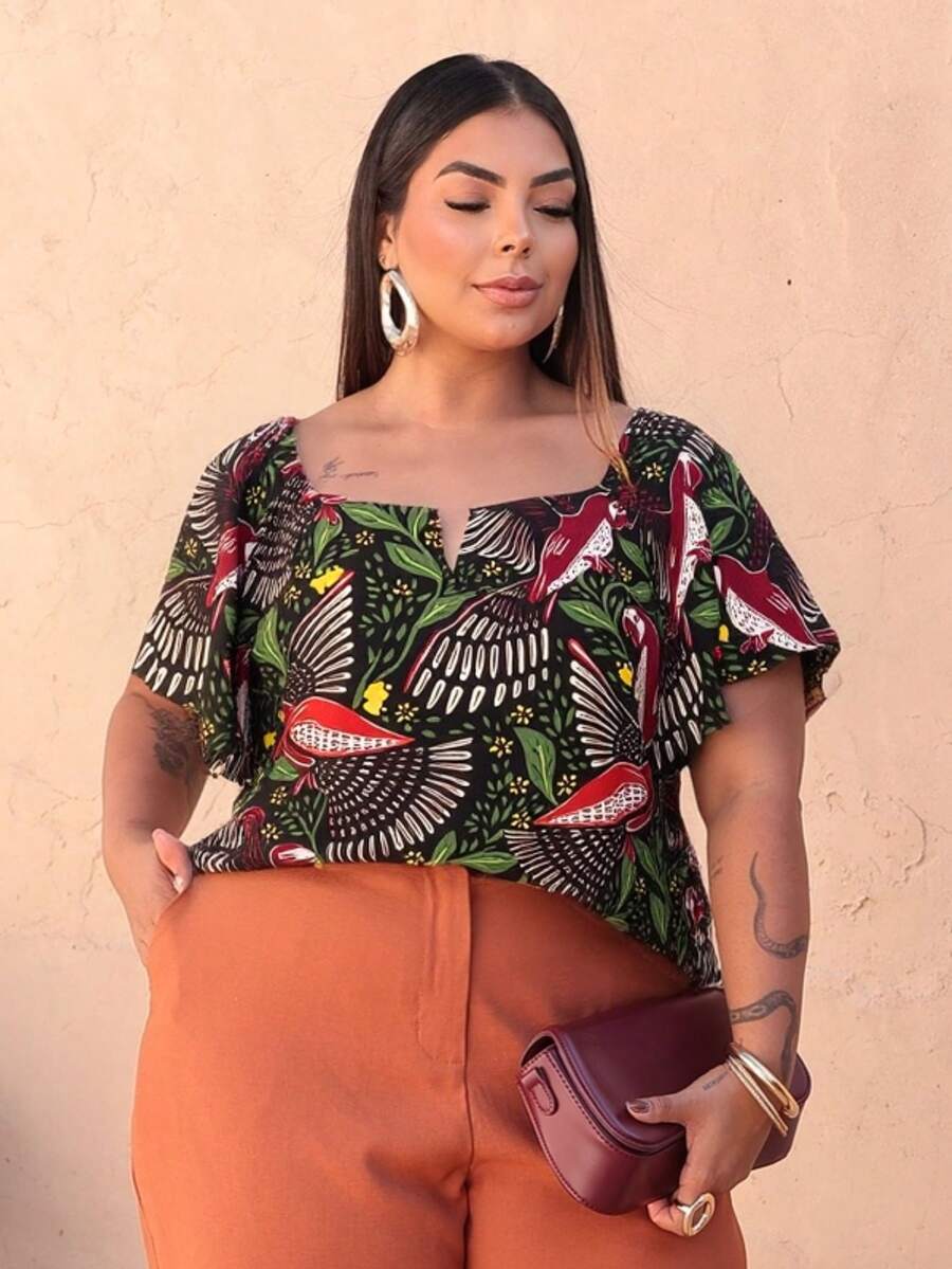 Women's Plus Size Blouse - Tropical Print Black - View 1