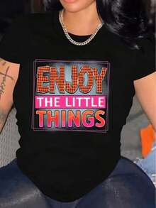 Camiseta estampada para mujer, top casual de manga corta, con la frase impresa "Enjoy Little Joys", adecuada para salidas diarias y vacaciones. - Negro - Ver 7