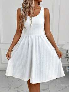 Vestido corto casual de mujer con cuello redondo y sin mangas con estampado de lunares - Blanco - Ver 4