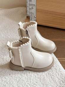 1 Pair Girls' Pom Pom Zipper Princess Ankle Boots, Soft Sole Anti-Slip, Versatile, Autumn/Winter New Arrival - Beige - View 2