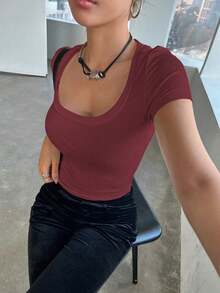 Camiseta casual de verano para mujer de ajuste ceñido con cuello redondo y mangas cortas en unicolor - Burdeos - Ver 5