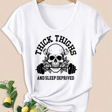 Blusa casual para mujer con la inscripción "THI THIGHS AND SLEEP DEPRIVED", estampado de calaveras, barra de pesas y rosas, camiseta de manga corta con cuello en U elegante para fiesta, primavera/verano, , , 10918, camisas de algodón para mujer. - Albaricoque - Ver 6
