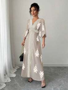 Vestido largo casual de mujer con estampado floral, manga larga y parches de unicolor - Caqui - Ver 4