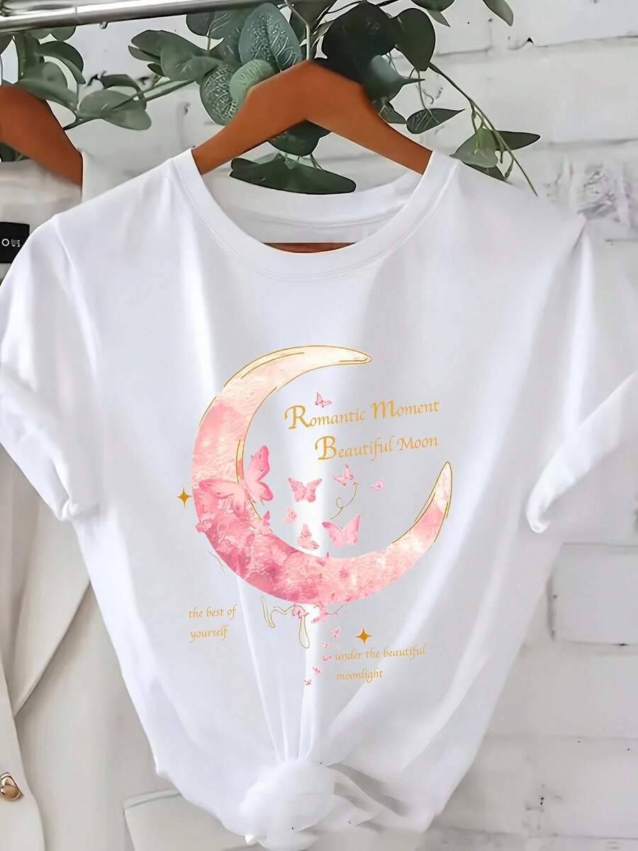 Edición Limitada de Ropa de Verano para Mujer, Camiseta con Estampado de Luna Pastel, Estilo Casual Coreano, Cuello Redondo Regular, Manga Corta, Algodón Ligero - Blanco - Ver 1
