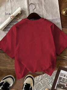 Camiseta de mujer de manga corta con cuello redondo y estampado de letras, casual de verano - Rojo - Ver 2