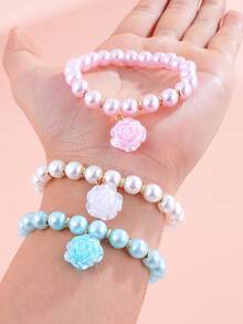 Bộ 4 vòng tay hạt cườm hình hoa hồng pastel cho bé gái, vòng tay ngọc trai giả hình hoa, trang sức tình bạn kiểu công chúa ngọt ngào. Quà tặng trang sức tình bạn. - Nhiều màu - Xem 4