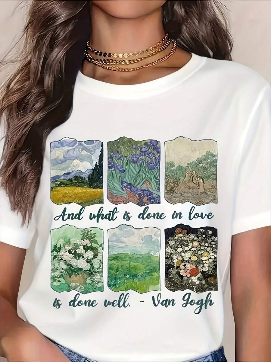 Camiseta de mujer con cita de Van Gogh - "Todo lo hecho con amor es bueno", inspirada en las pinturas de Van Gogh, con un diseño floral y paisajístico vintage, camiseta negra de manga corta y cuello redondo, transpirable, con estampados de "La Noche Estrellada" y "Autorretrato". | Diseño exquisito |   Suelto y cómodo |   Fácil de combinar | - Blanco - Ver 1