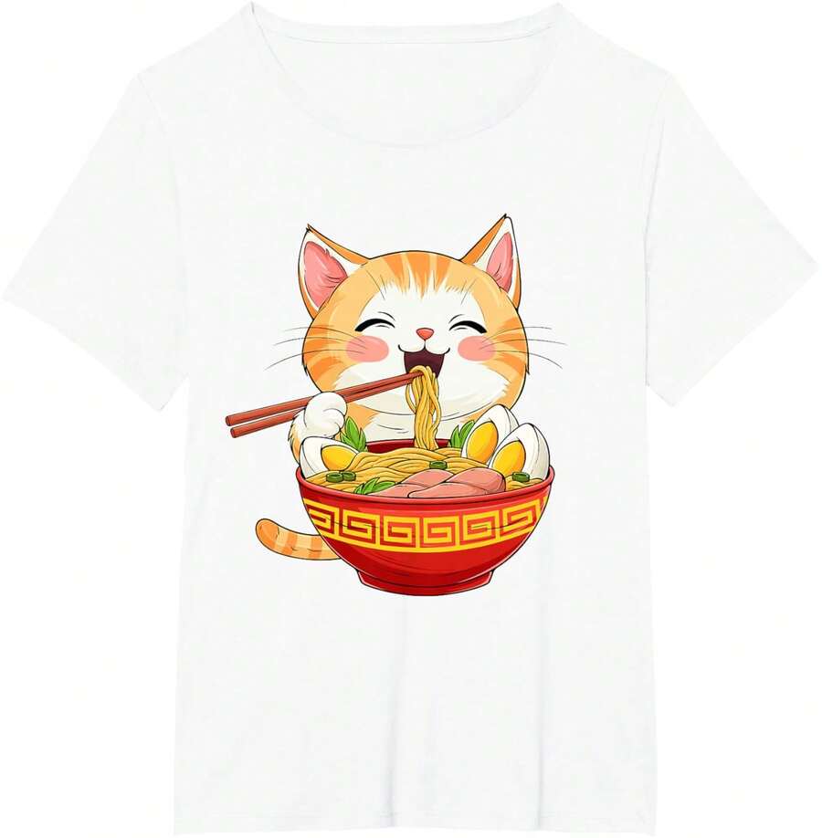 Japanese Cat Eating Ramen - Cute Anime Style T-Shirt - 白色 - 查看 1