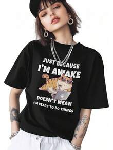 Camiseta estampada para mujer, con diseño de gato de dibujos animados y texto divertido, camiseta de algodón para niñas con mangas cortas y cuello redondo, top casual de verano para fitness. - Negro - Ver 4