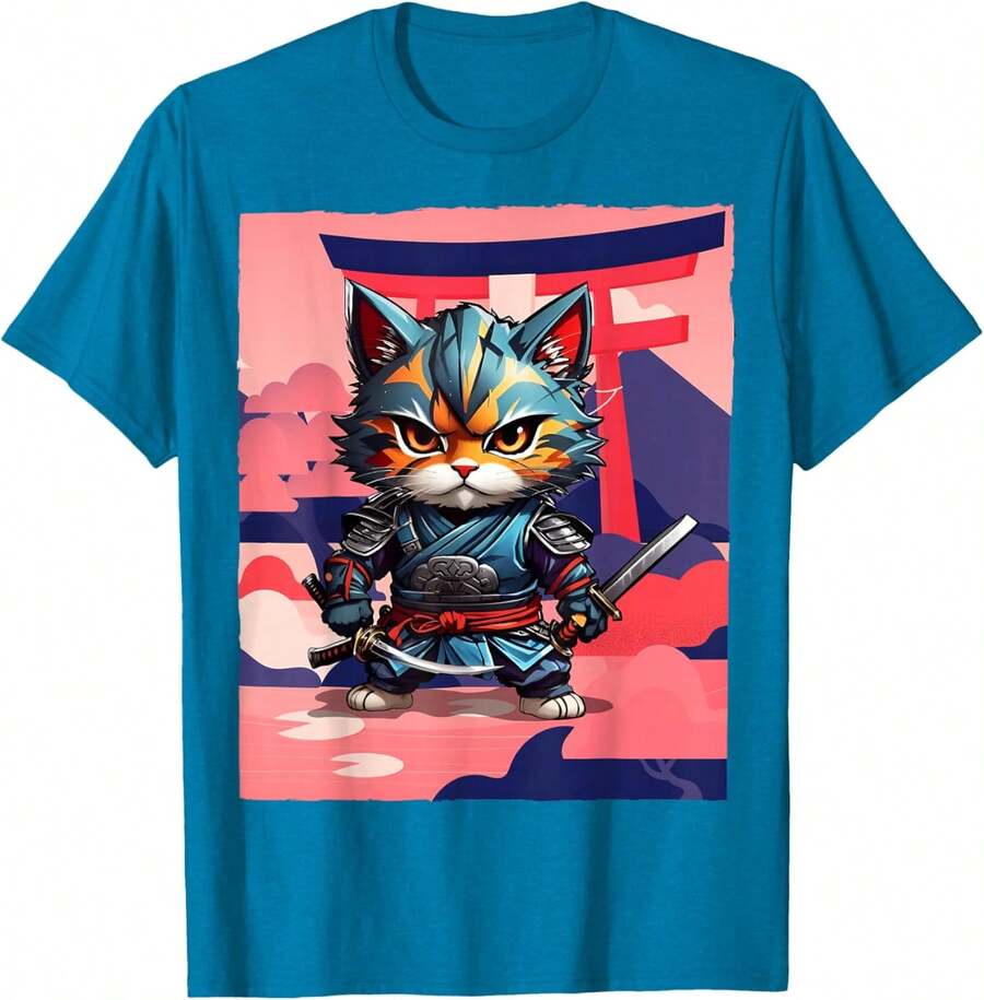 Japanese Art T-Shirt And Samurai Cat From Japan - 藍寶石 - 查看 1