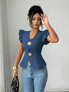 Elenzya Cárdigan de mujer elegante con decoración de hebilla metálica de unicolor y mangas abullonadas, blusa refinada de mujer - Gris - Ver 9