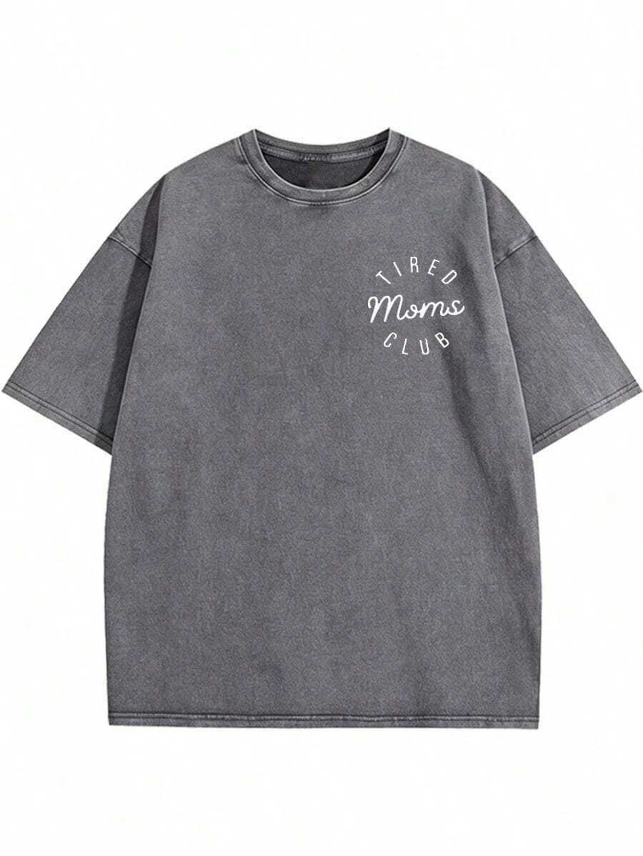 Estilo Y2K, estilo de moda, lo más nuevo de 2026, estilo lindo, estilo casual, blusas para mujer>ropa. Camiseta estampada vintage lavada y desgastada para mujer - Camiseta de algodón vintage lavada de 230 g para hombre - Estampado gráfico "Tired Moms Club", camiseta casual de manga corta y cuello redondo, regalo divertido para el Día de la Madre, top de verano lavable a máquina, atuendo casual. | Estampado Divertido | Tops de Mujer de Algodón de Manga Corta con Cuello Redondo, Estilo Casual, Tejido Resistente, 230g (Tallas S-XXXL) - Gris - Ver 1