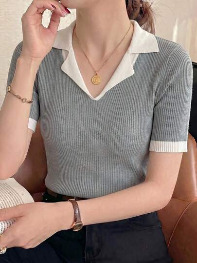 Áo thun dệt kim tay ngắn cổ polo phối màu tương phản kiểu dáng retro 2 trong 1, áo nữ mùa hè dáng ôm độc đáo tinh tế.