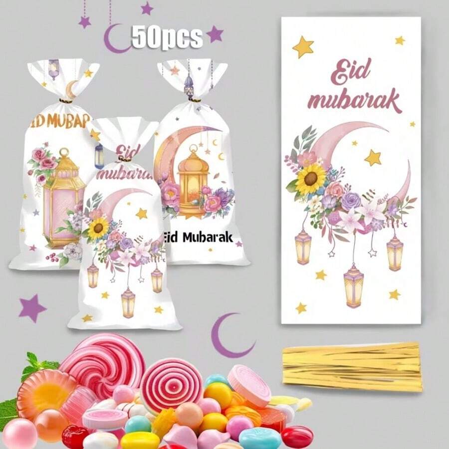 50入 宰牲節禮物袋,塑膠糖果與餅乾袋,印有 Eid Kareem 新月與金星設計,適用於宰牲節慶祝活動與派對贈禮,節日禮品包裝,鮮豔節日設計裝飾餅乾袋糖果袋 - 彩色 - 查看 1