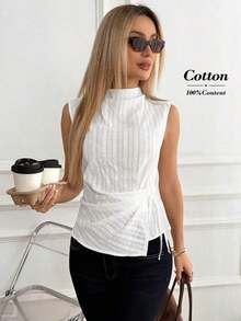 Blusa con volantes y rayas versátil y de moda, adecuada para uso diario y reuniones - Blanco - Ver 8