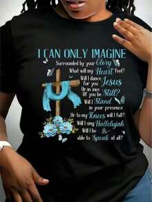 Camiseta de mujer, adecuada para el uso casual diario, estampada con cruces religiosas y frases inspiradoras, ideal para el ocio diario. - Negro - Ver 7