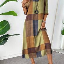 YijiaNvz  Vestido informal midi holgado con estampado de bloques de color y mangas 3/4 para mujer, atuendo maxi para mujer - Rojo - Ver 8