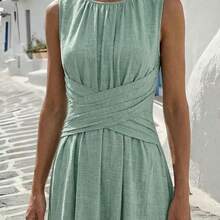 YijiaNvz  Vestido casual sin mangas de color verde oliva para mujer con diseño de cintura cruzada, estilo minimalista que muestra elegancia, adecuado para uso diario, té de la tarde, reuniones casuales y viajes de negocios ligeros - Azul - Ver 4