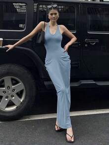 Vestido maxi envolvente de Body con cuello en V para mujer, vestido de verano primaveral - Azul - Ver 5