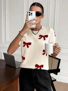 Blusa de punto casual de cuello redondo, manga larga, con detalle de lazo - Burdeos - Ver 4