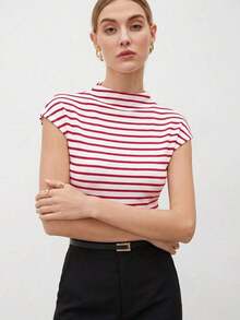 Camiseta de mujer de unicolor con cuello alto y mangas cortas tipo murciélago, casual de negocios para mujeres, uniforme de maestro, ropa de oficina, escuela, top básico, estilo vintage - Rojo - Ver 6