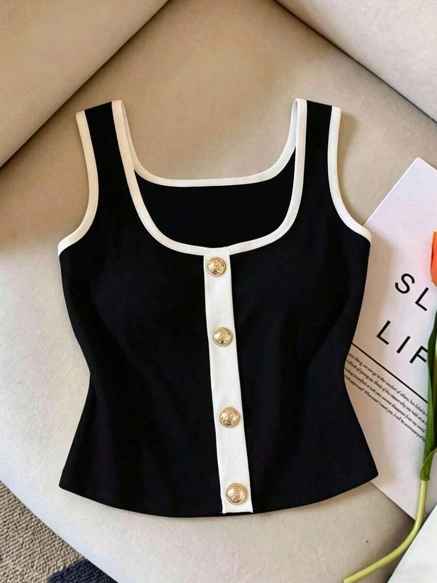 sin mangas con hebilla de metal en contraste negro y blanco, estilo francés, fresco y elegante para el verano - Multicolor 3 - Ver 1
