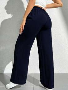 PETITE Pantalones anchos largos para mujeres, en unicolor, cintura alta con cinturón para un estilo suelto - Azul marino - Ver 2