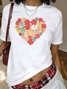 Camiseta con Estampado Floral de Corazón para el Día de San Valentín Hawaiano, Día de la Madre, Año Nuevo, Manga Corta, Cuello Redondo, Estilo Casual para Verano y Primavera, Ropa de Tallas Grandes para Mujer - Blanco - Ver 1