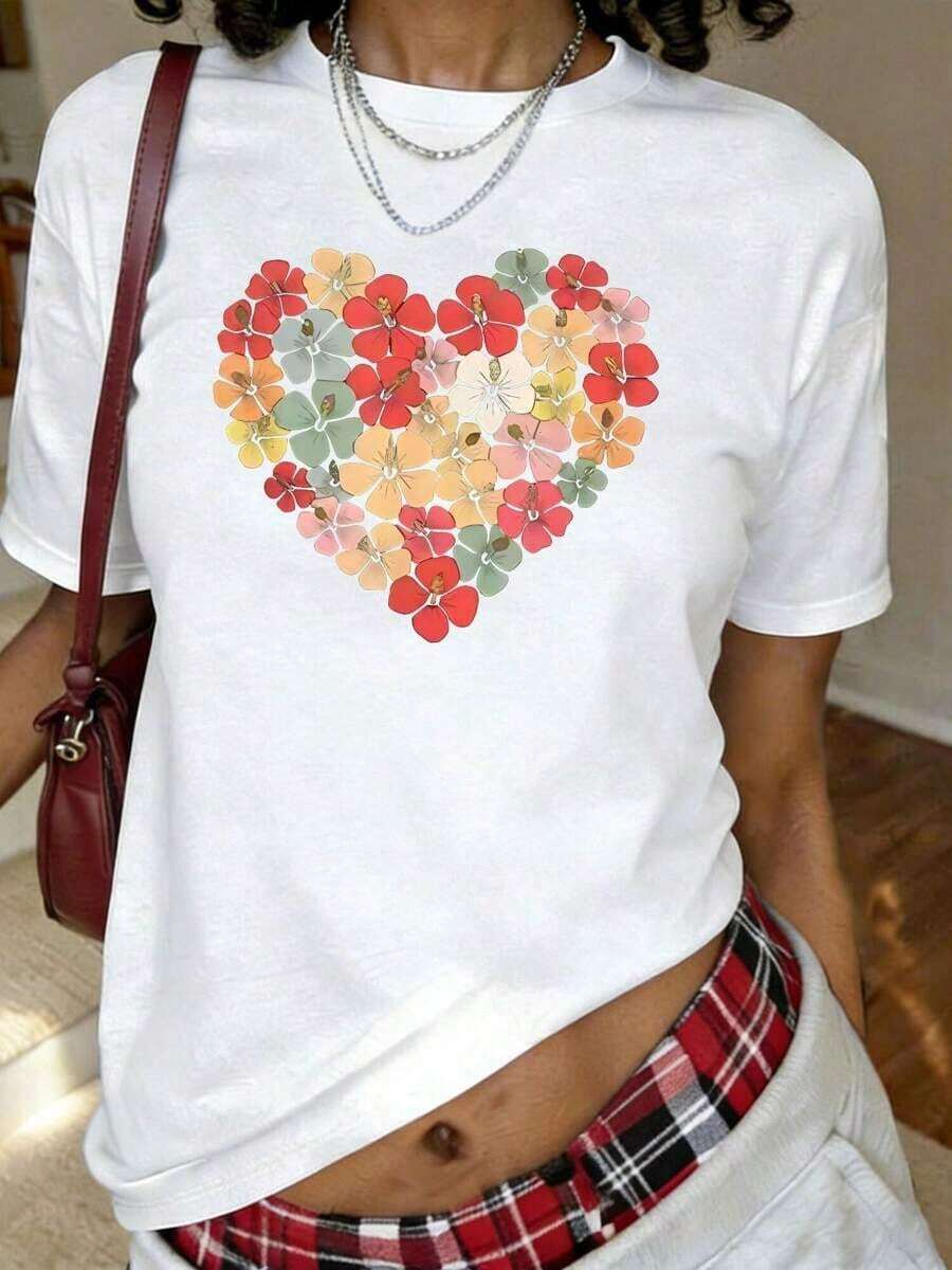 Camiseta con Estampado Floral de Corazón para el Día de San Valentín Hawaiano, Día de la Madre, Año Nuevo, Manga Corta, Cuello Redondo, Estilo Casual para Verano y Primavera, Ropa de Tallas Grandes para Mujer - Blanco - Ver 1
