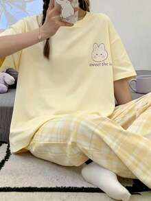 Teen GirlSummer Short Sleeve & Pants Set, Crew Neck Cartoon Rabbit Print Outfit - Yellow - View 2