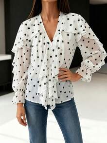 Buzzelle Elestia Women's Elegant Romantic V-Neck Lantern Sleeve Ruffle Polka Dot Chiffon Blouse, Casual Semi-Sheer Boho Vacation Outing Top, Spring Summer Fall - Black and White - View 9
