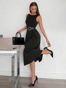 XHESiren Gaze Vestido midi con cintura alta, gris, sin mangas, corte evasé y bolsillos, conjunto de tono gris para mujerXHE - Negro - Ver 1