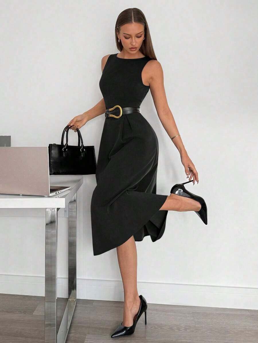 XHESiren Gaze Vestido midi con cintura alta, gris, sin mangas, corte evasé y bolsillos, conjunto de tono gris para mujerXHE - Negro - Ver 1