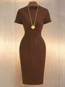 Vestido casual de mujer de manga corta con estampado minimalista - Marrón - Ver 6