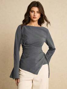Camisa de mujer a rayas con pliegues, de uso versátil y casual para el día a día - Gris - Ver 4
