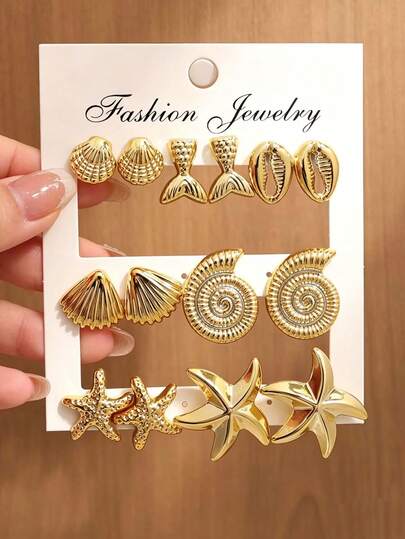 2-14pcs Stylish Starfish, Seashell, Conch Ocean Theme Earrings, Suitable For Holidays, Vacations, Beach Wear