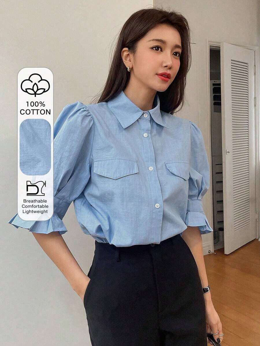 Camisa con detalle de solapa, manga abullonada y volantes - Azul - Ver 1