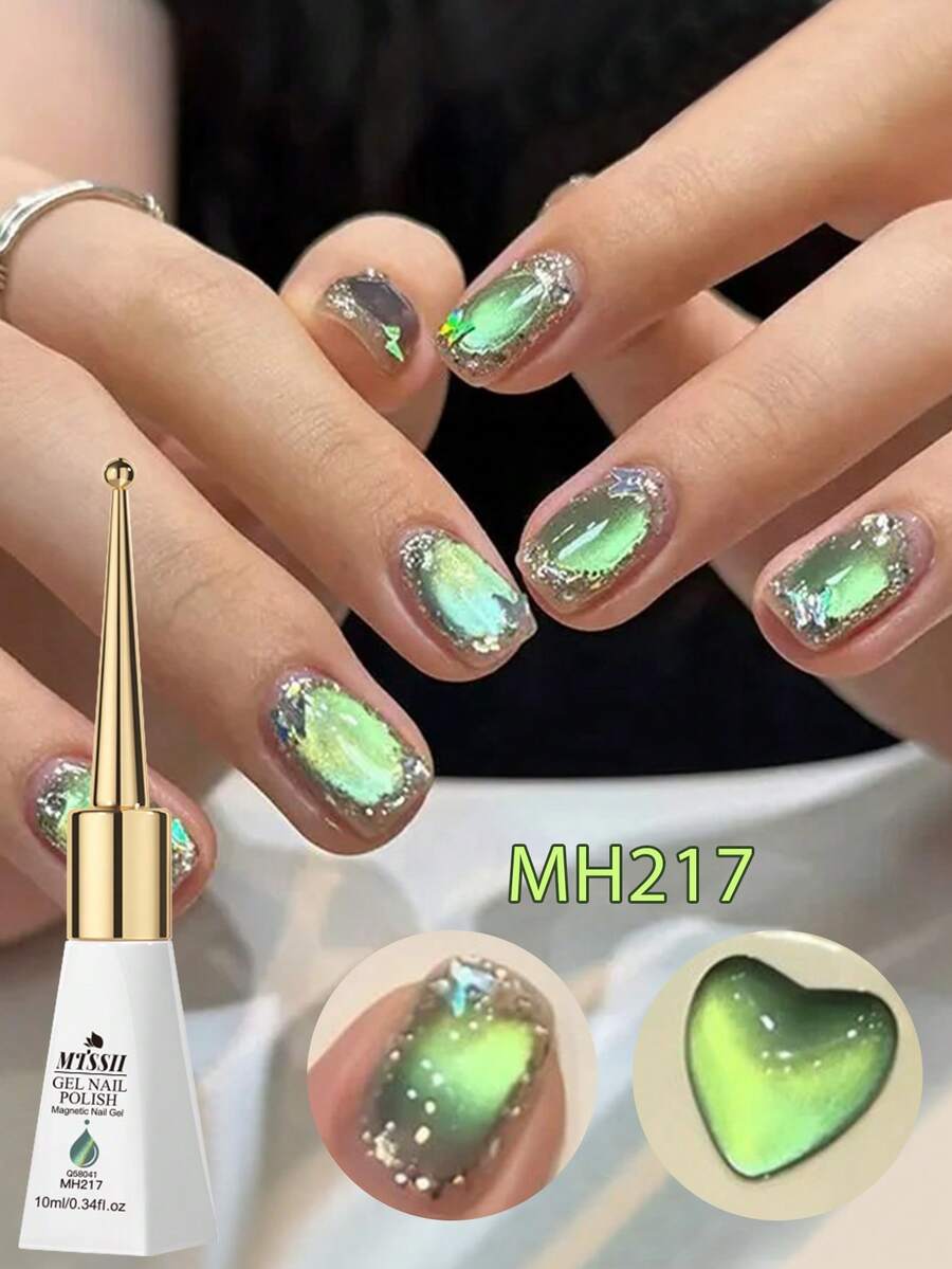 Mtssii 10毫升 Shadow Star 竹子磁性凝胶指甲油,绿色猫眼图案,可卸除,UV/LED 凝胶指甲油,带闪光变色龙效果,持久28天以上,夏季美甲,光泽亮丽,高显色度,非常适合圣帕特里克节、Y2K 美学等场合,美甲用品 - 彩色 - 查看 1