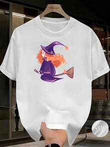 Camiseta de verano casual de moda para hombre con estampado de patrón de Halloween, diseño estampado creativo, simple y cómoda, camiseta de manga corta estampada de color liso, fresca y cómoda para el verano, tela transpirableDaily Casual Round Neck Short Sleeve-Shirt Women - Blanco - Ver 1