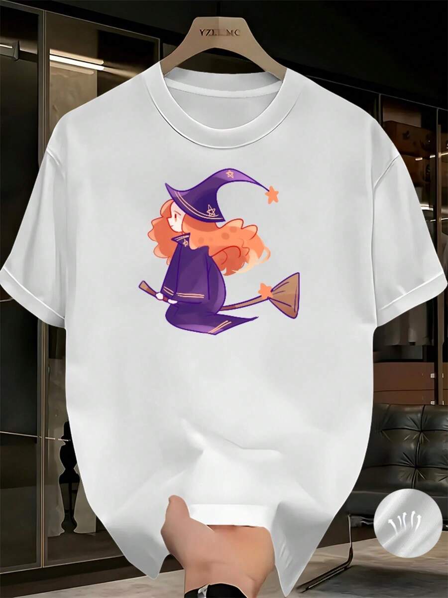 Camiseta de verano casual de moda para hombre con estampado de patrón de Halloween, diseño estampado creativo, simple y cómoda, camiseta de manga corta estampada de color liso, fresca y cómoda para el verano, tela transpirableDaily Casual Round Neck Short Sleeve-Shirt Women - Blanco - Ver 1