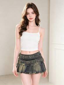 Women's Denim Pleated Rivet Belt Y2K Skirt, Low Waist High Street Falda Short Mujer, Vintage Slimming A-Line Faldas Cortas, Mini Skirt, Suitable For Beach Holiday, Resort Night Wear, Bar Party, Slim Shaping, Hot Casual, Vacation Daily - 藍色 - 查看 4
