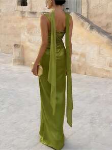 DOUCIU Low Neck Spaghetti Strap Bodycon Pleated Dress, Roman Holiday Style - Green - View 6