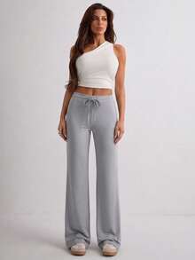 Women's Casual Commuting Minimalist Solid Color Elastic Waist Flare Pants - Light Grey - View 3