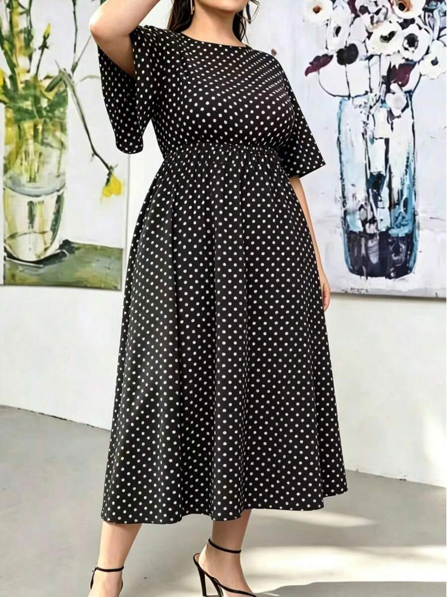 Plus Size Women's Fashion Polka Dot Cinched Waist Round Neck Short Sleeve A-Line Dress Vacation Black Elegant Summer - Black - View 1