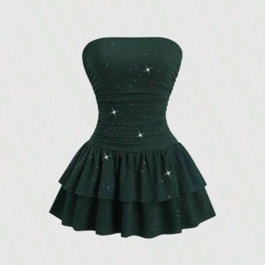 MewMuse. Nuevo vestido mini elegante y casual de tela brillante con volantes escalonados, cintura ceñida y ajuste ceñido, para el verano - Verde Oscuro - Ver 1