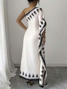 Vestido largo con estampado floral y cuello asimétrico elegante para mujeres - Albaricoque - Ver 2